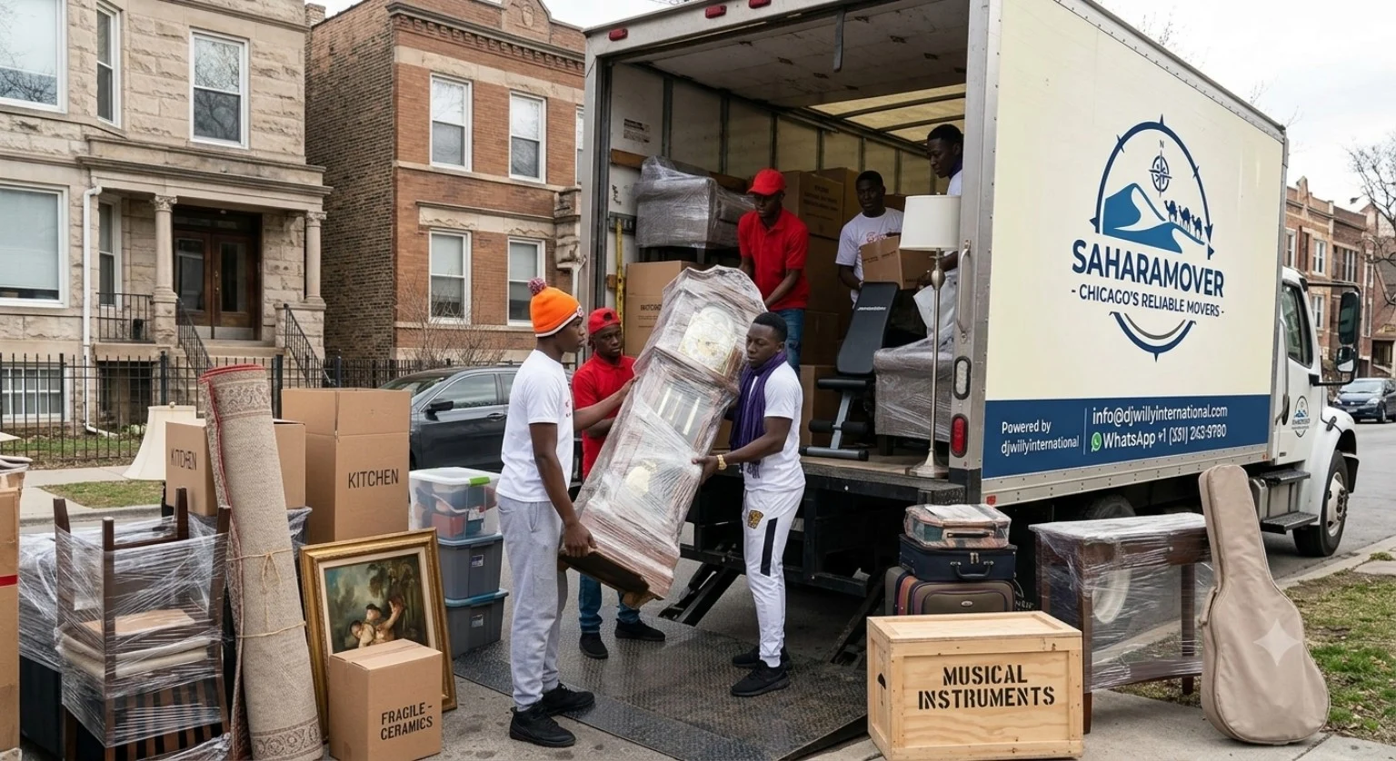 Movers carefully loading household belongings into a SAHARAMOVER truck